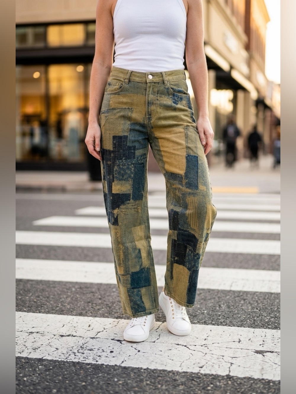NWT Wide Leg Patchwork Print Denim Vintage Wash Olive Green Barrel Jeans
